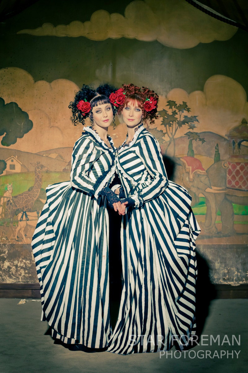 Twins (stripped dresses, red roses, circus, vintage inspried color photography, red, white, stripes, carnival, vintage theater)