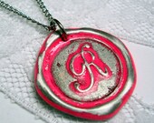 Neon Red-Pink -Original hand stamped Wax Seal Necklace, painted, letter of your choice