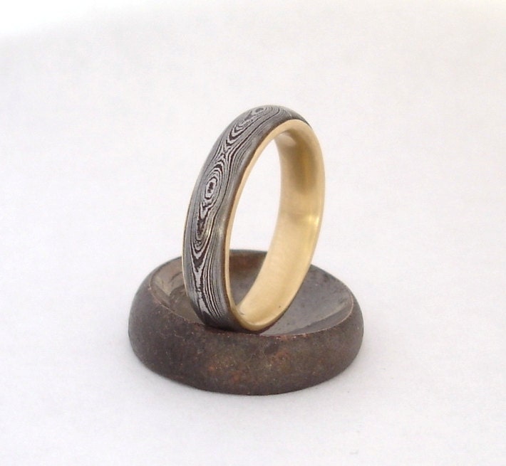 Damascus wedding band with 18K Gold Liner