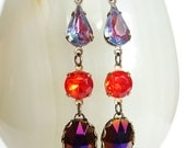 Long Iridescent Glass Dangle Earrings Vintage Jewels Red Purple Art Deco Jewelry