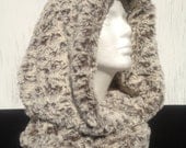 White and Brown Faux Mink Hood Unisex, Great For Winter