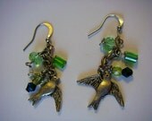 Hanging Silver Soaring Bird with Green Crystals Dangle Earrings