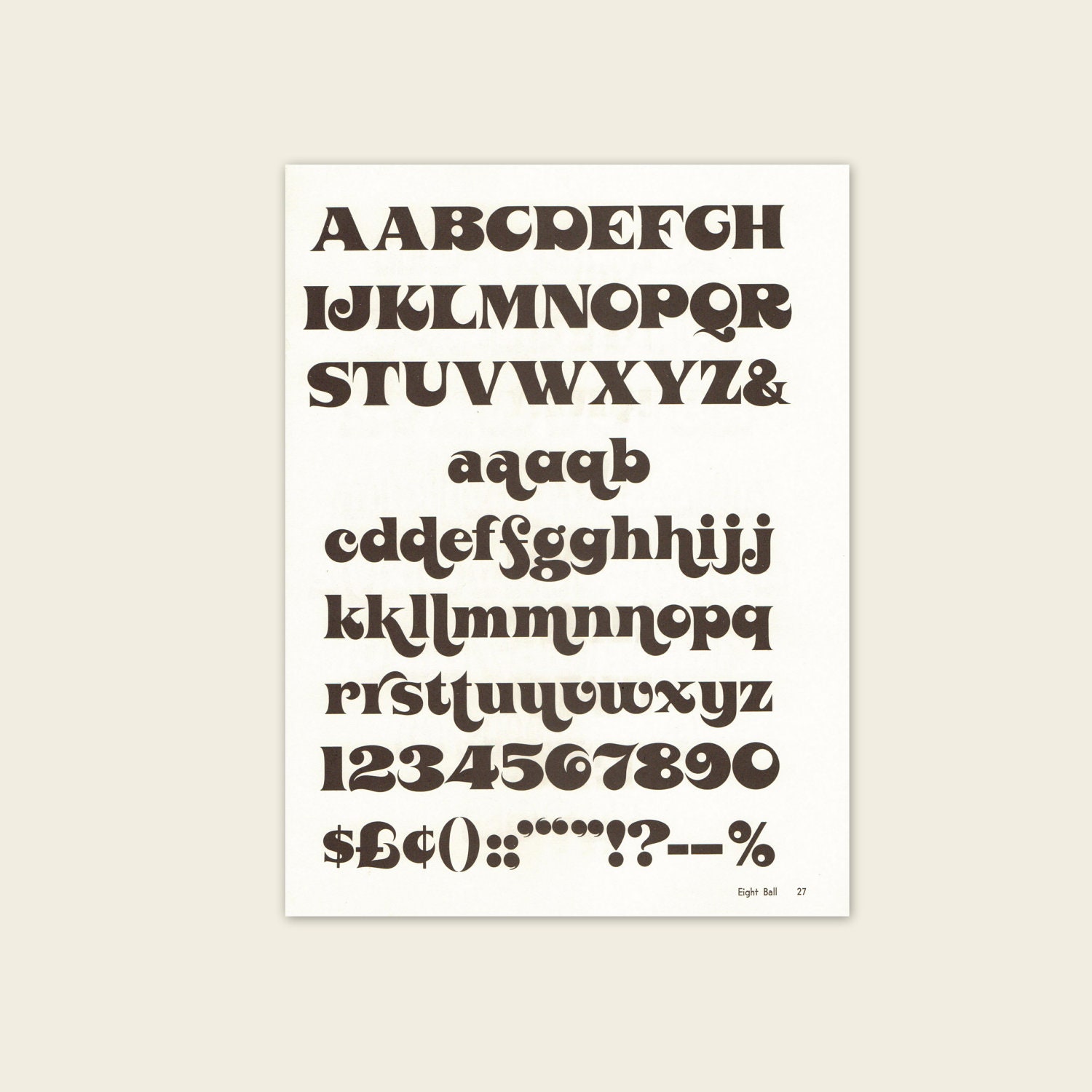 Eight Ball Font. Vintage 1970s Alphabet Typography Prints in Black and Cream. 8" x 10". Text, Nursery, Cursive, Script. (No. 589)