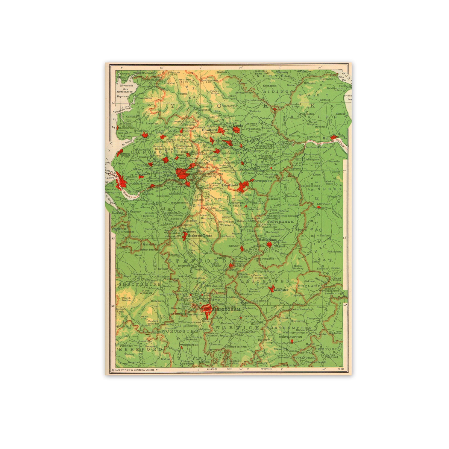 London, Birmingham, Stafford. Vintage 1940s England Map. 8" x 10". Ready to Frame. (No. 27)