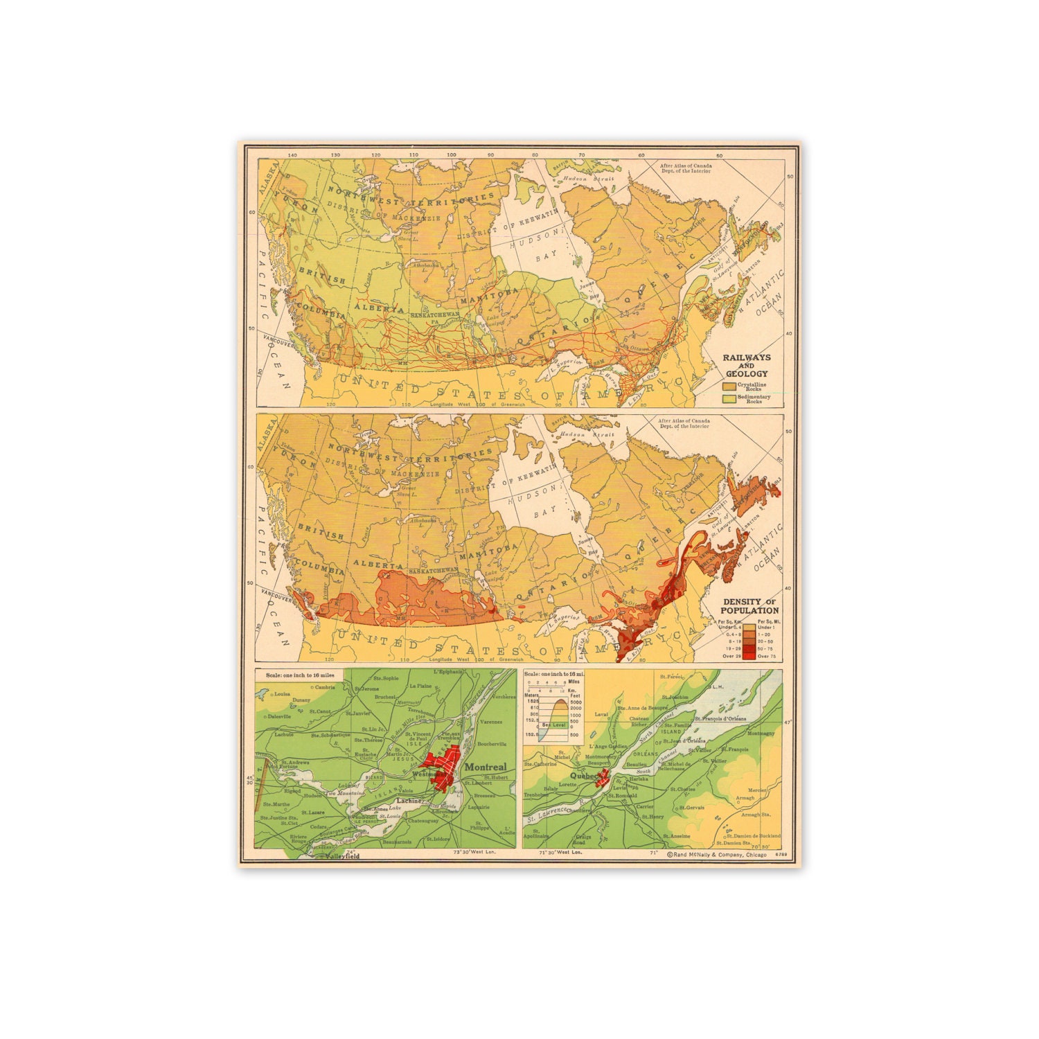 Canada, Montreal, Quebec. Vintage 1940s Canadian Map. 8" x 10". Ready to Frame. (No. 188)