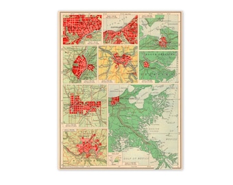 New Orleans, St. Louis, Cincinnati. Vintage 1940s U.S.A. Map. 8" x 10". Ready to Frame. (No. 639)