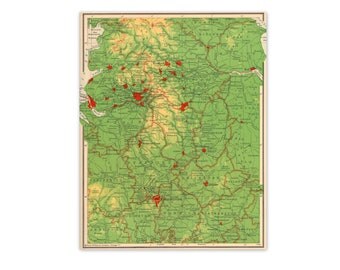 London, Birmingham, Stafford. Vintage 1940s England Map. 8" x 10". Ready to Frame. (No. 27)