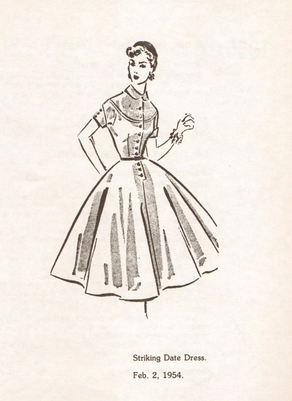 Retro Fashion Print. Striking Date Dress, 1954. Vintage, Mid Century, Woman, Model, Lady, 1950s, Full Skirt, Preppy. (No. 377)