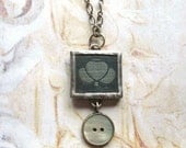 Bud and Button - Vintage Book Cover and Shell Button Pendant Necklace