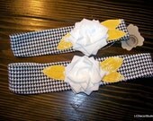 Lillie Wraps - Black and White Flannel Houndstooth Fabric Flower Velcro Headwrap Headband with a Cream Jersey Flower