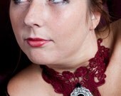 Lace Choker - Gothic Choker Victorian Romantic Elegant Burgundy Red Wine Silver Black Stone - LACE CHOKER GOTHIC