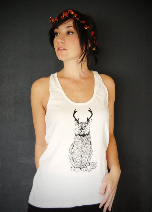 The Original Wild Cat-a-lope - funny cat antlers white jersey racer back tank top- by Bark Decor as seen on Animal Planet