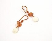 White Drop Earrings, Shell Earrings, Teardrop Earrings, Copper Spiral, Artisan Earrings