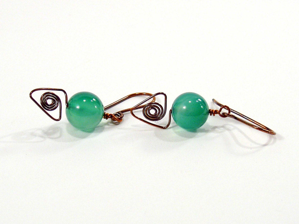 Sea Green Earrings, Oxidized Copper, Green Agate Jewelry, Spiral Jewellery