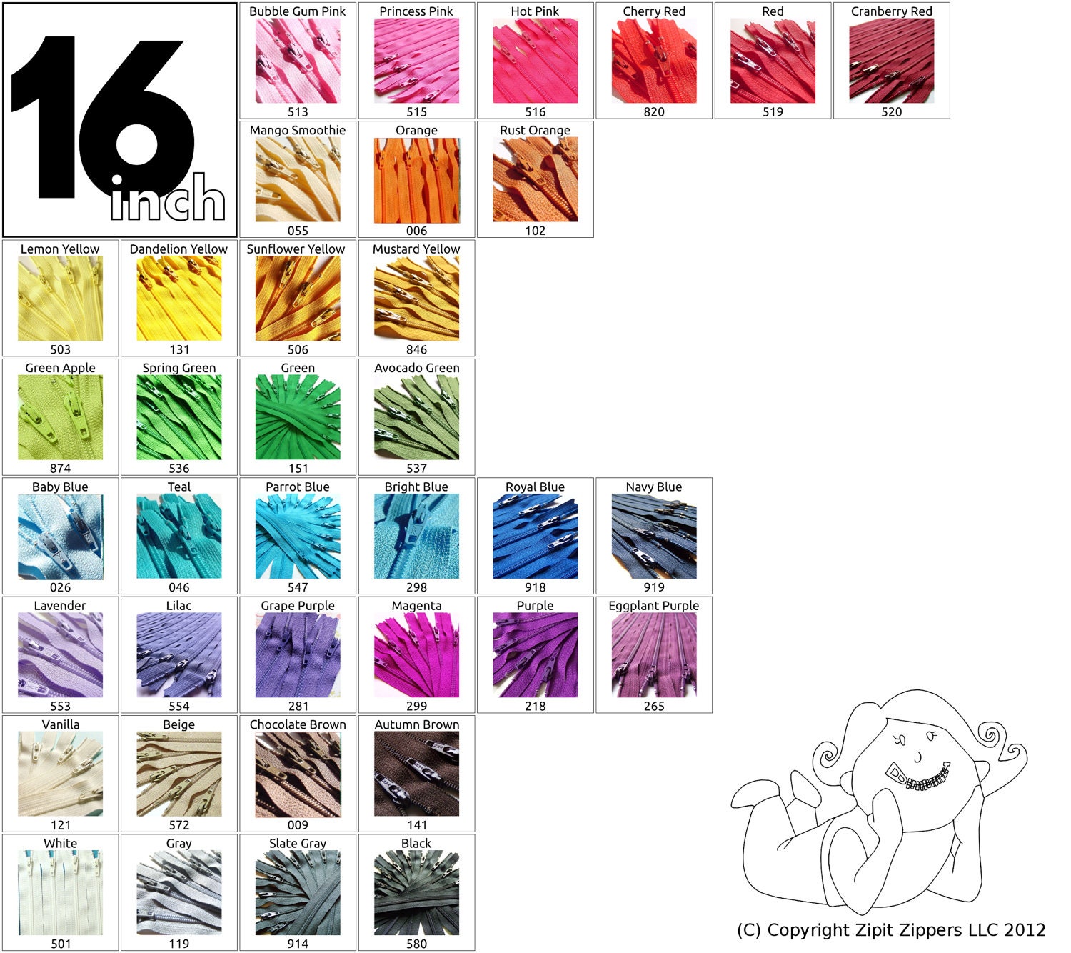 Your Choice of 100 16 Inch YKK Zippers Mix and Match from over 20 colors