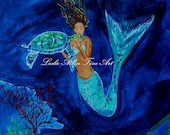 Mermaid Art Print Giclee Mermaids Sea Turtle Underwater Ocean Seascape Fantasy Mythical  "Mermaid And The Sea Turtle"  Leslie Allen Fine Art