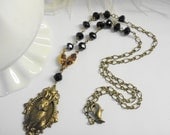 Rabbit Necklace in Antiqued Brass  Bronze Beaded Jet Crystal Bunny Girly Vintage