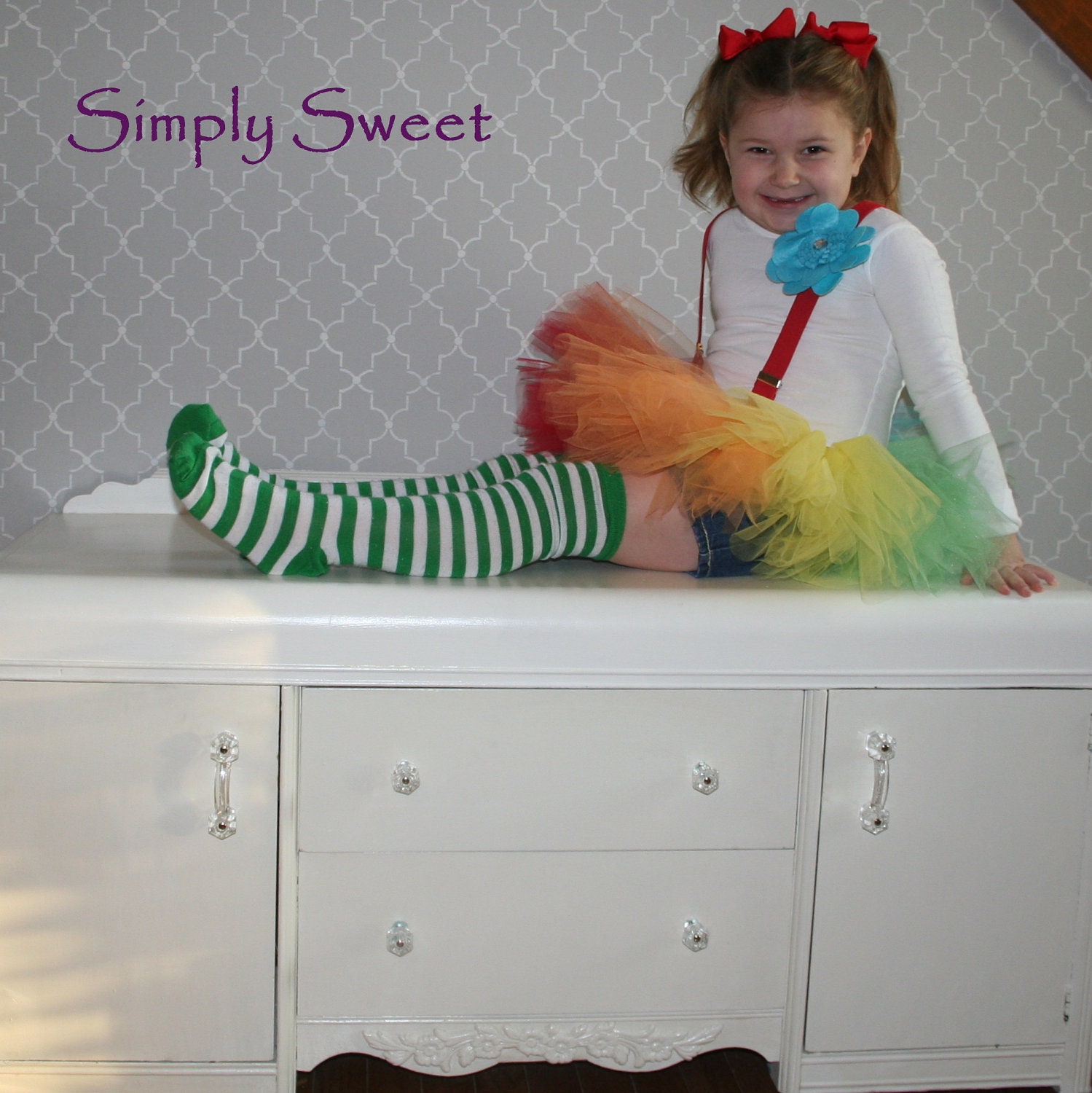 4 Piece Clown Set - Tutu, Suspenders, Flower Clip, Hair Bows -  LARGE (5 and up Years) - Halloween
