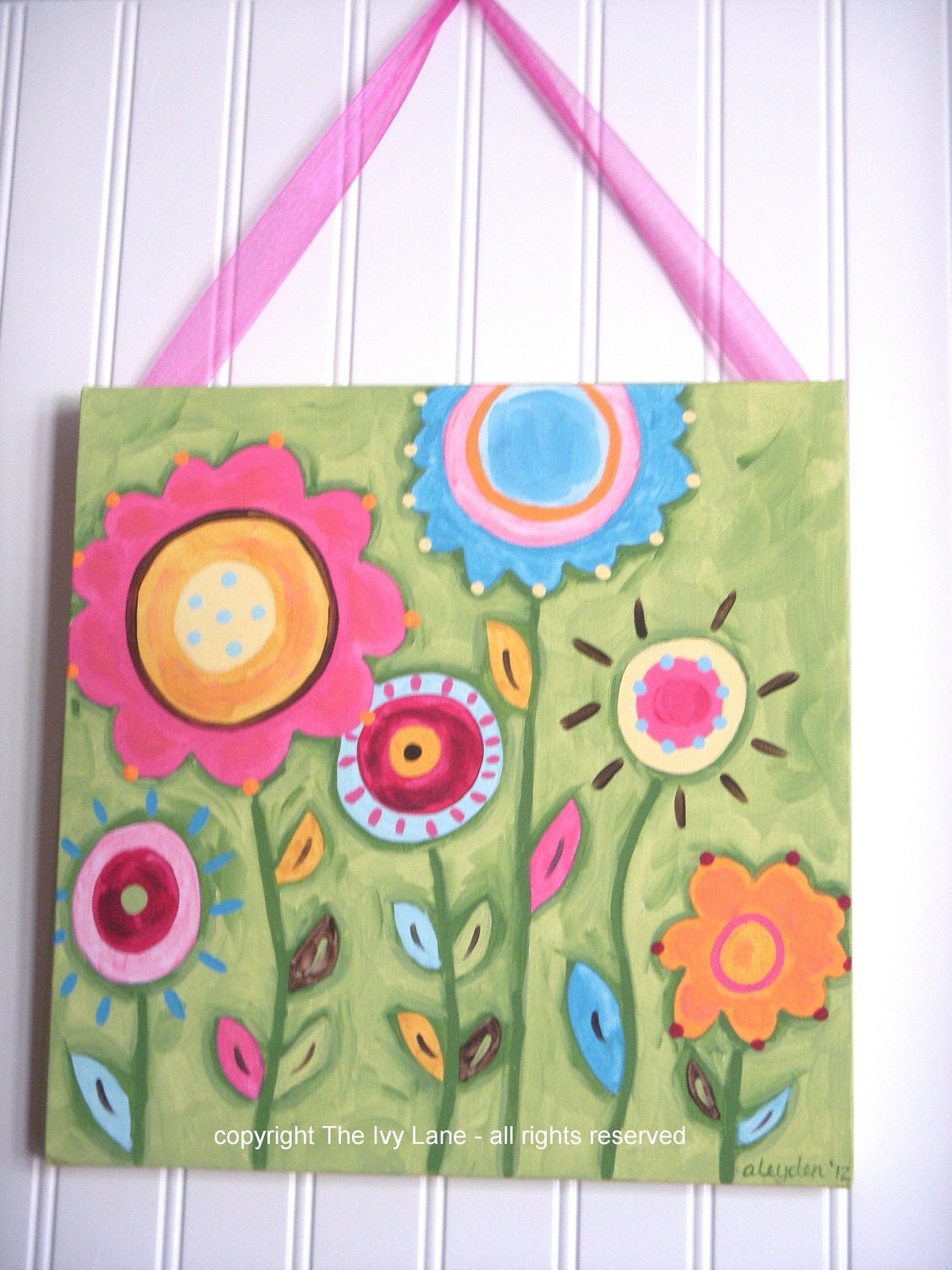 Baby nursery decor Children wall art Nursery art paintings Kids girls room decor Nursery wall art 12 x 12 pink green "bloomin time" flowers