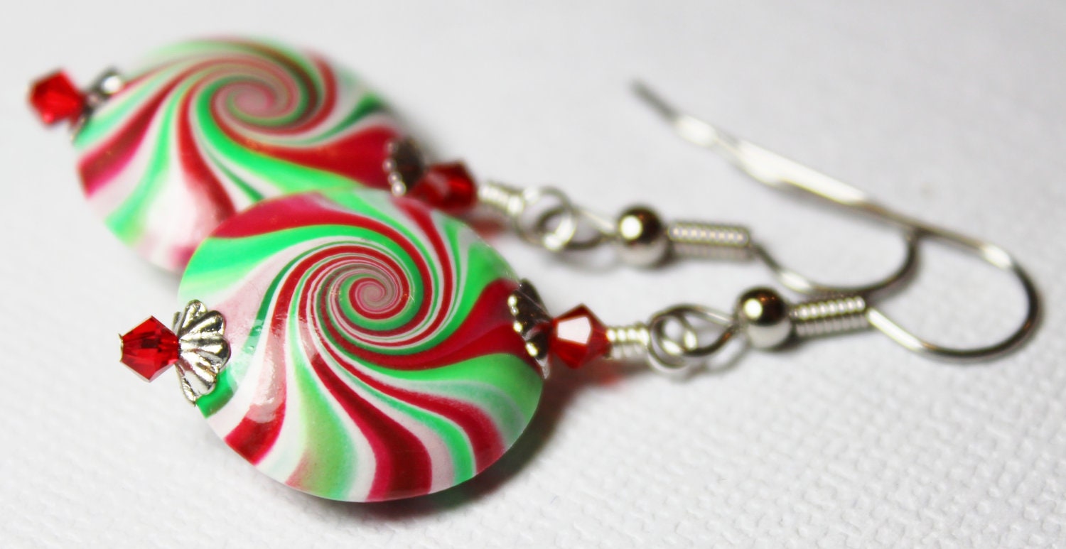 Handmade Beaded Jewelry Earrings Holiday Peppermint Polymer Clay Red White Green Swirl Spiral Crystal Lightweight...Christmas Candy