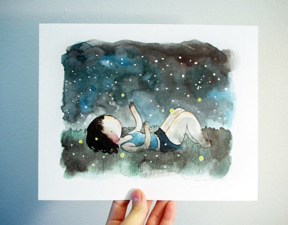 Fireflies 8x10 print - watercolor drawing and painting of a girl in the grass