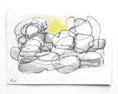 Sun behind the clouds -  original ACEO watercolor ink -pen painting