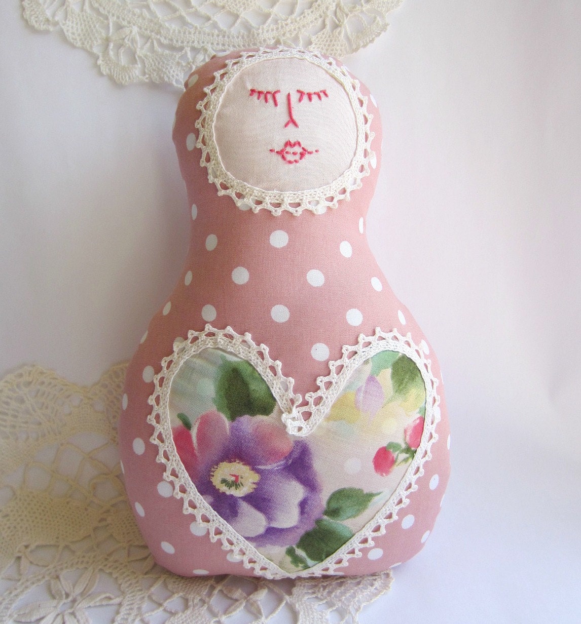 Made to order -  Russian Matryoshka Babushka doll -  powder pink polka dots fabric