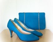 Vintage 1960s Teal Blue Shoes and Purse Set by QualiCraft