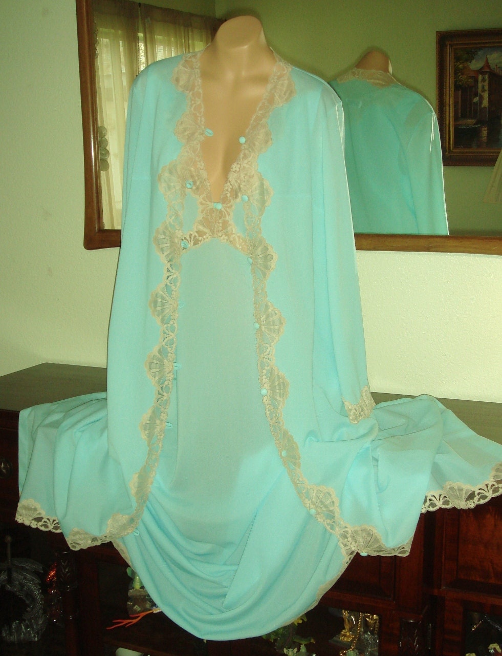 Stunning Vtg Emilio Pucci Sea Green 2pc Robe Gown Peignoir Ecru Shell Lace Trim Sm Unworn