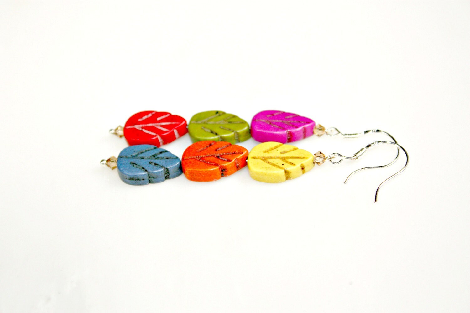 Autumn Leaf Earrings Turquoise Rainbow Beads - Natures Love Colorful Falling Leaves Country Chic Sterling Silver Dangles by Mei Faith.