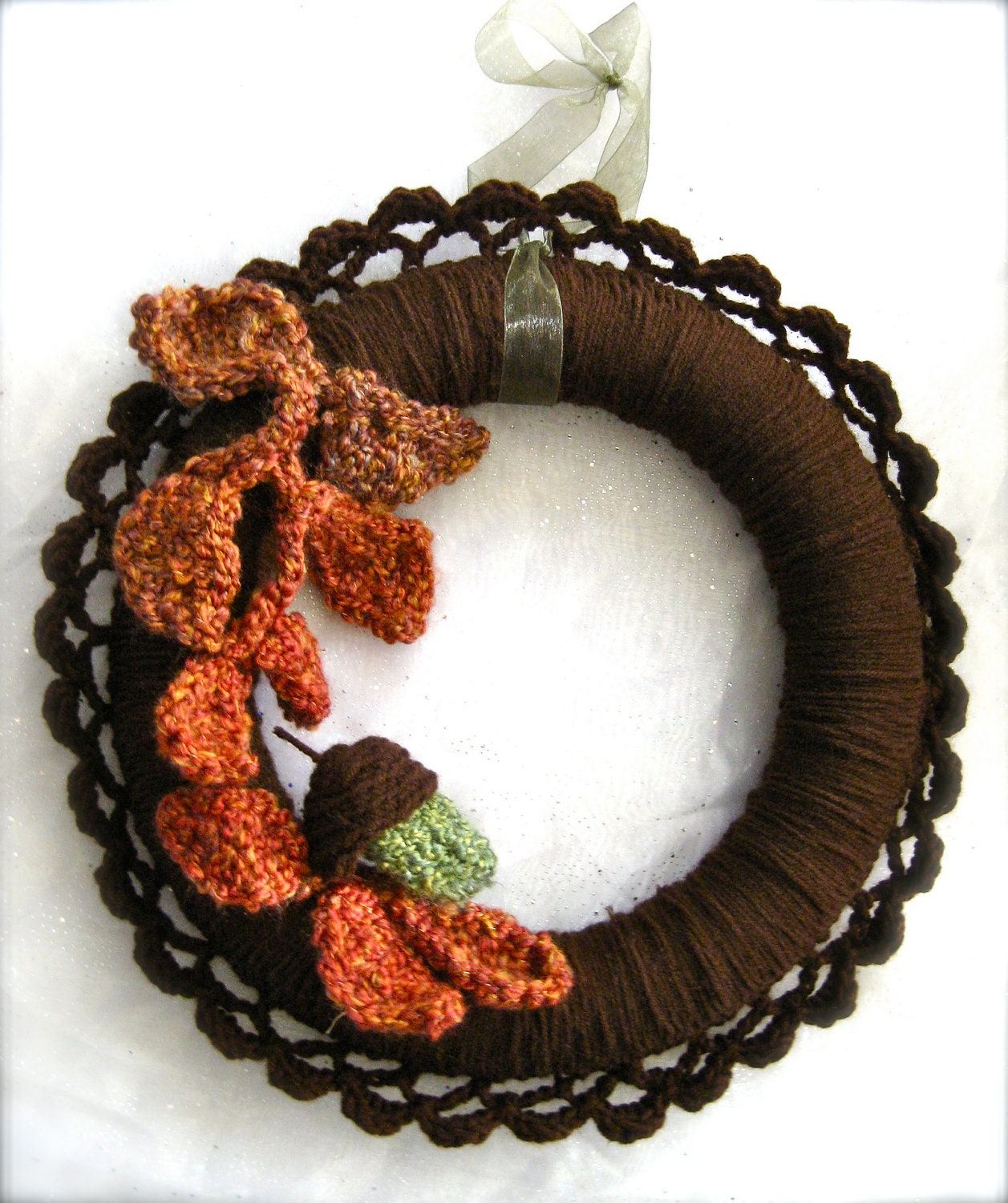Woodland Floor crocheted wreath with acorn and leaves, autumn colors