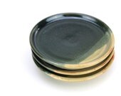 Pond and Sencha Plates Dishes Saucers Set of 3 Black and Yellow Green Wheel Thrown Ceramic Pottery by GemFOX SRA USA