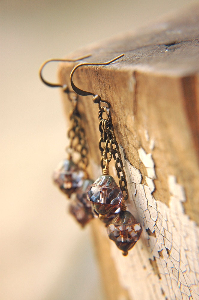 Bohemian Amethyst Czech Glass Tiered Dangle Earrings - Amethyst Lanterns.