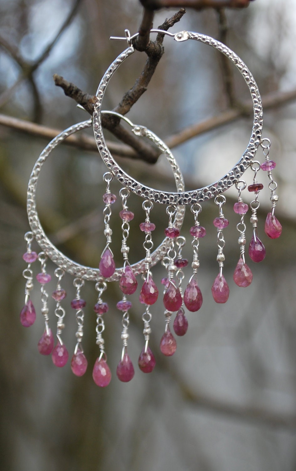Big Sterling SIlver Hoop Earrings with Dangling Faceted Pink Tourmaline Gemstones Dangle Drop