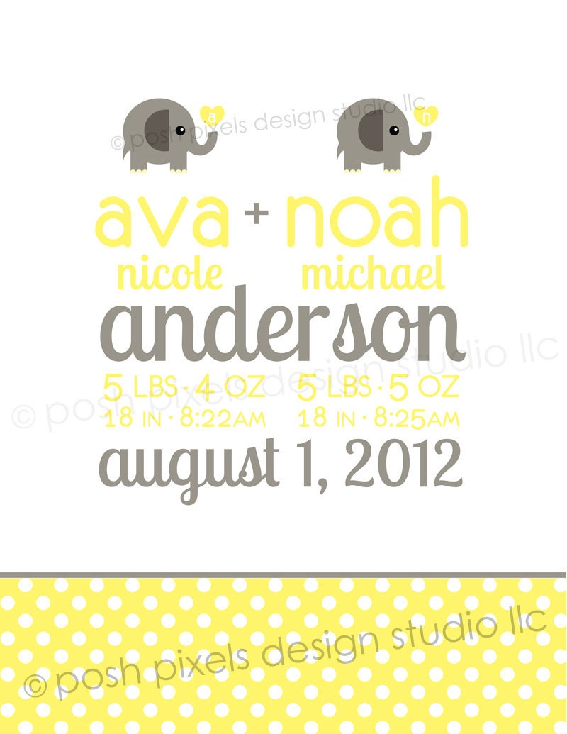ELEPHANT BABY - Twins - Printable 8x10 Nursery Art Print - Baby Announcement - Baby Gift - DIY Elephant Baby Collection - by Make Life Cute Il_570xn