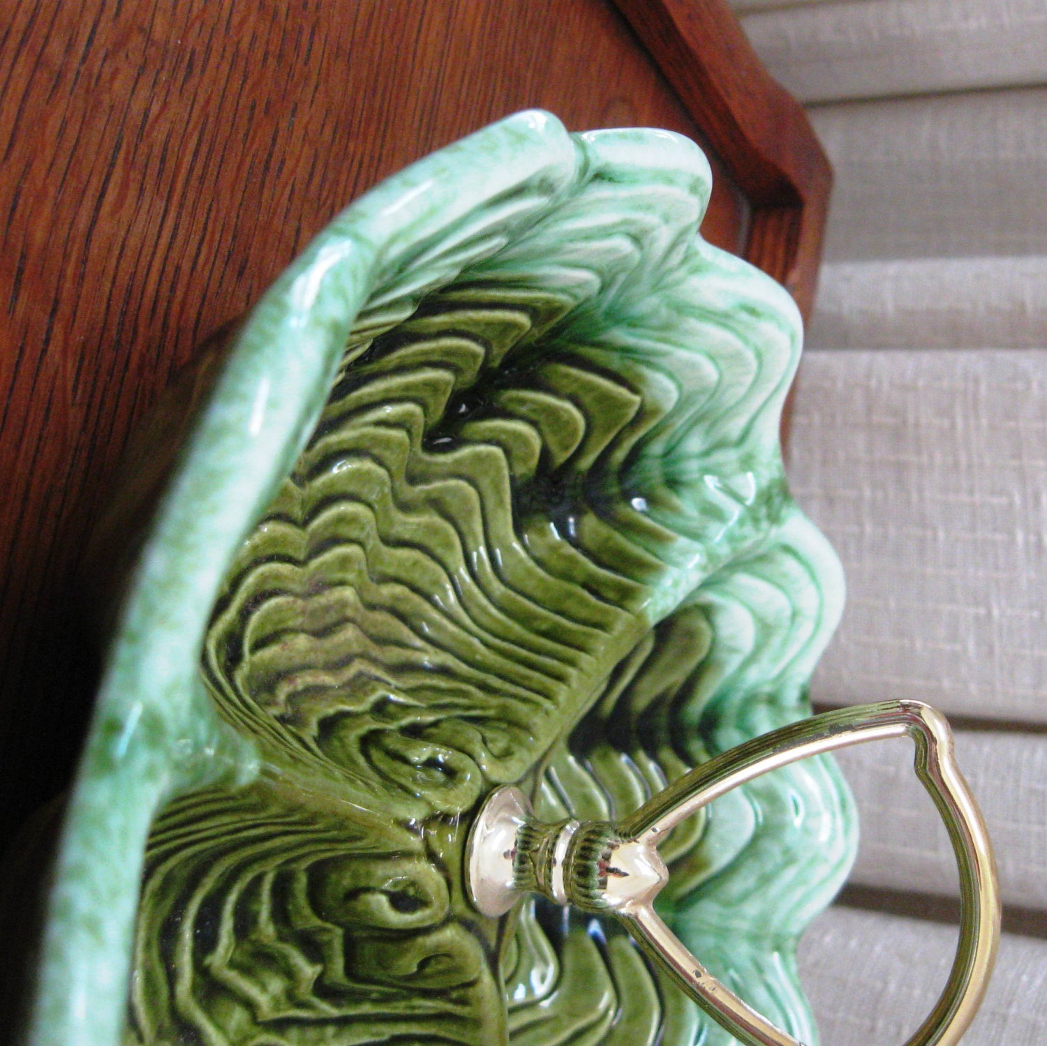 Vintage California Pottery Divided Snack Dish with Handle Mid Century Green 1960's
