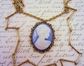Long gold cameo necklace. Large vintage blue cameo. Upcycled gold-toned chains. Victorian style. OOAK gift.