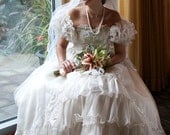 Vintage Wedding Gown Sz S Off White Tiered Shimmery Chiffon Embroidered Dress Veil Size Small FREE US Shipping