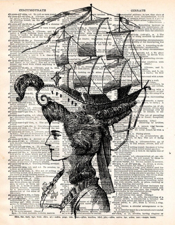 Vintage Dictionary Print - Crown of Sails - Weird Fashion Antique Book Print - Elegant Pirate Surreal Home Decor - Altered Book