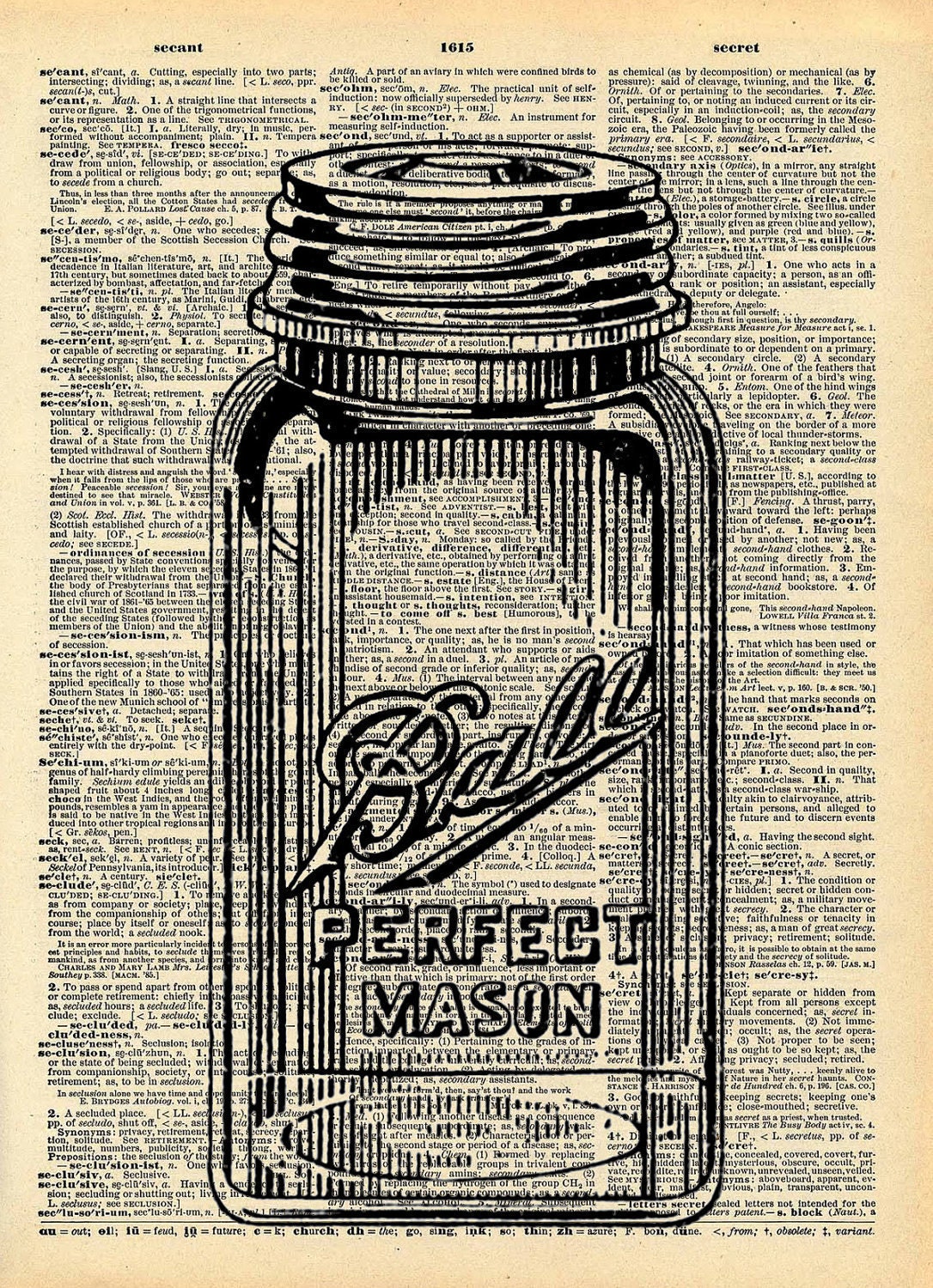 Old Book Art Print - Mason Jar - Vintage Kitchen Decor - Recycled Book Print - Kitsch Vintage Wall Art - Upcycled Book Print