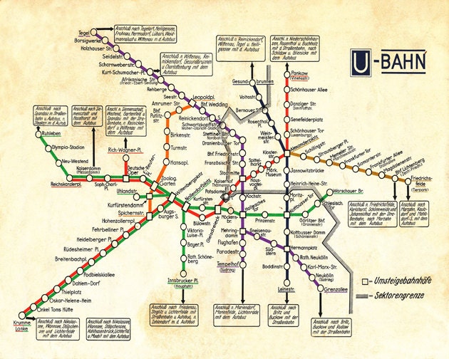 Vintage Berlin Map "U-Bahn" Antique German Subway Vintage Map - Deco Germany Travel Tourism - Kitsch Underground Colour