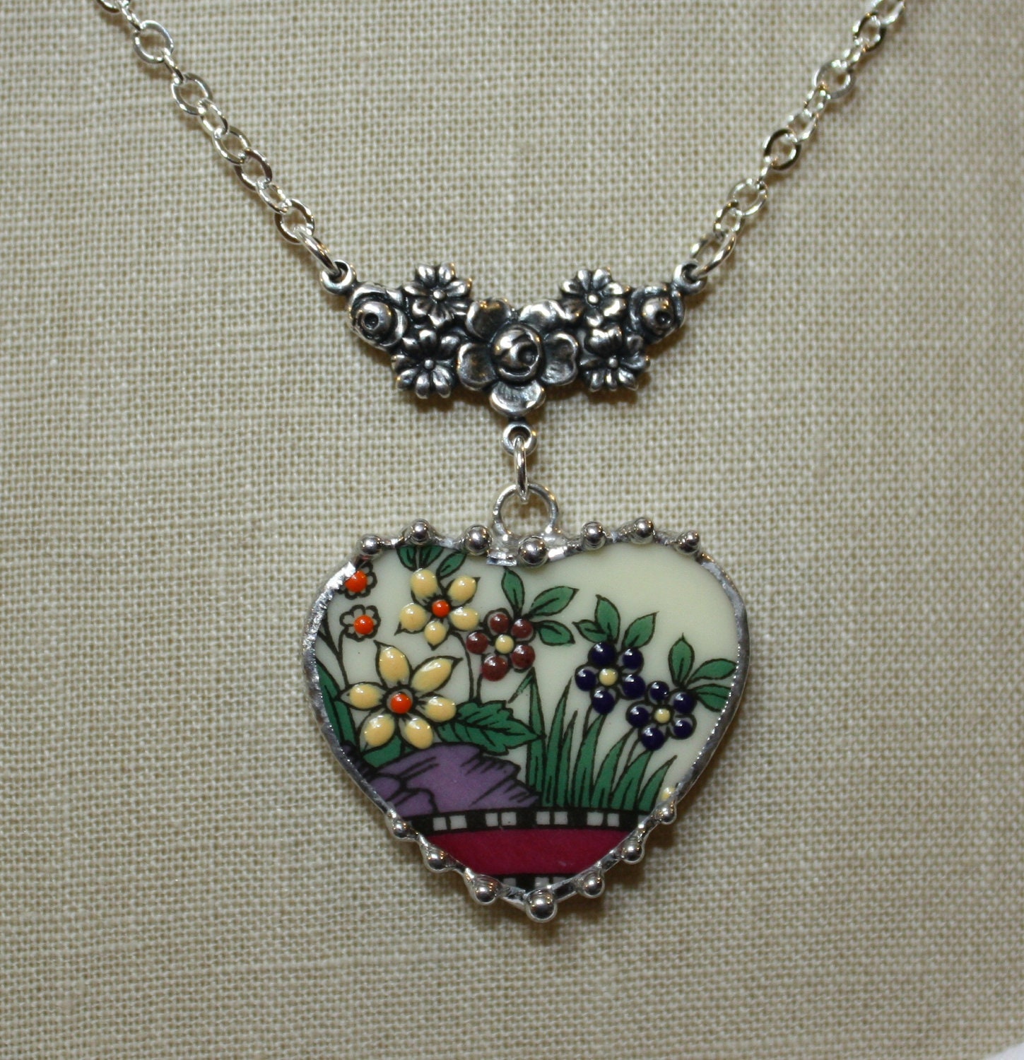 Broken China Jewelry Lenox Rutledge, Old Southern Garden, Floral Heart Pendant Necklace