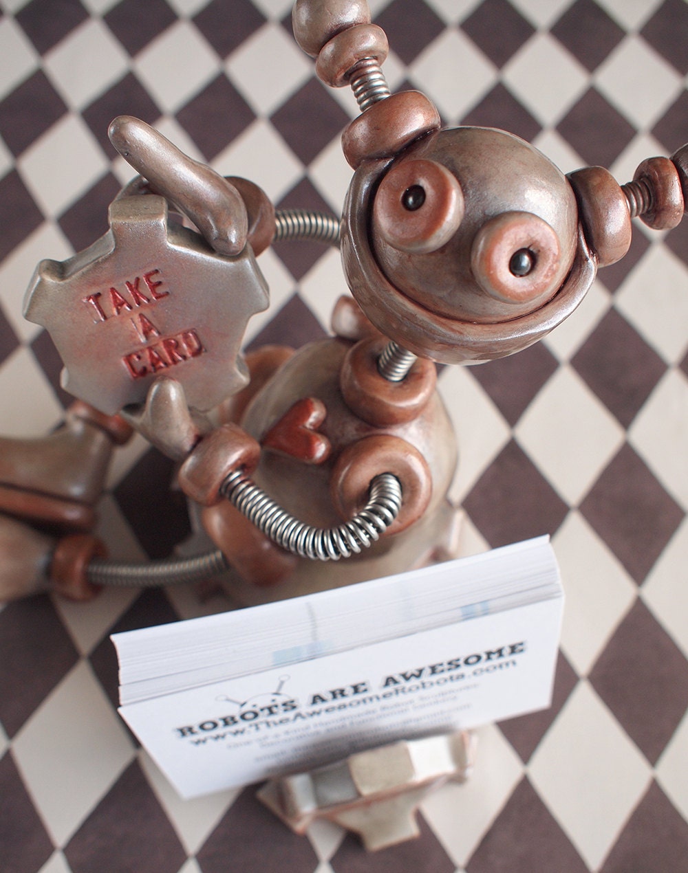 Robot Business Card Holder - Rustic Red and Silver Shaz - Clay Wire, Paint