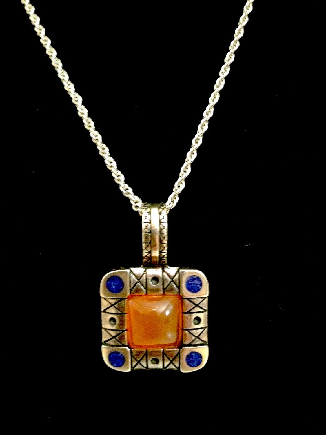 SALE ... RARE Glowing Sterling Peach Moonstone and Lapis Pendant/Necklace
