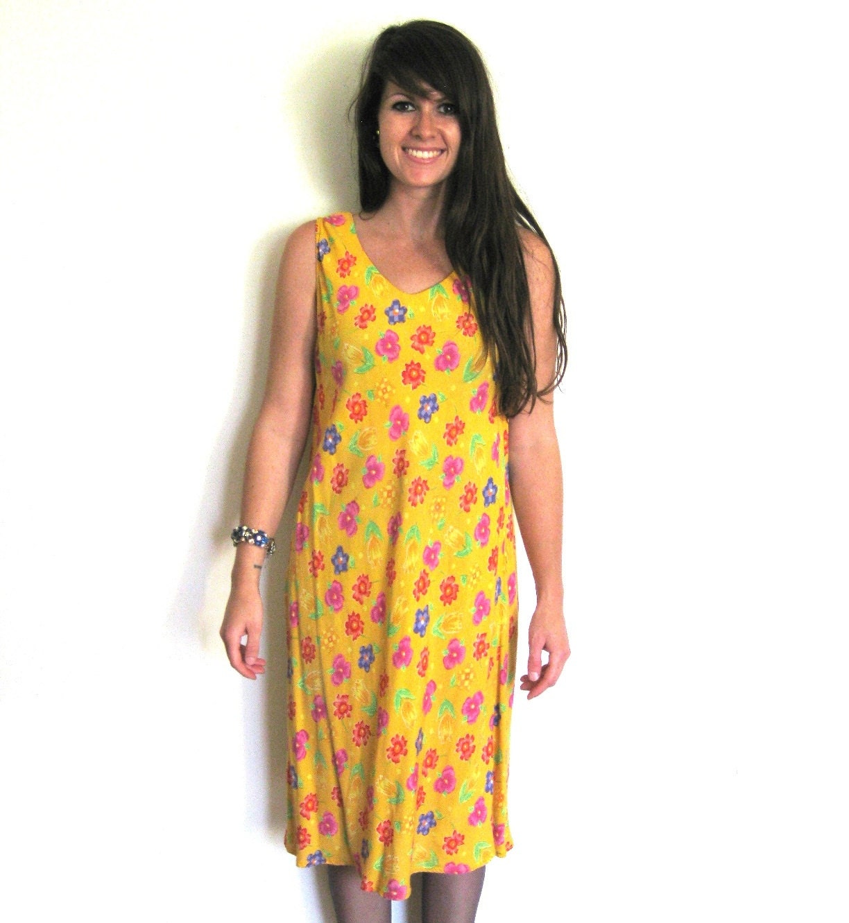 Floral Grunge Dress, Canary Yellow Colorful Abstract Flower Print, MEDIUM, LARGE