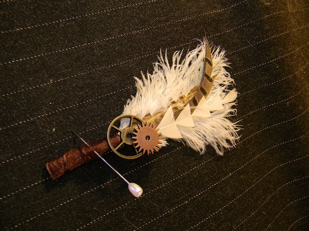 Landon - Steampunk gears and Pheasant feather boutonniere