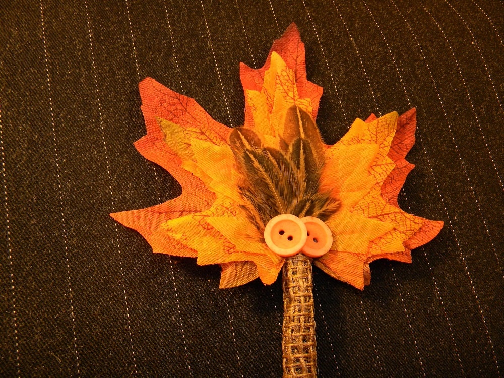 Adam - Leaf and Pheasant feather button boutonniere