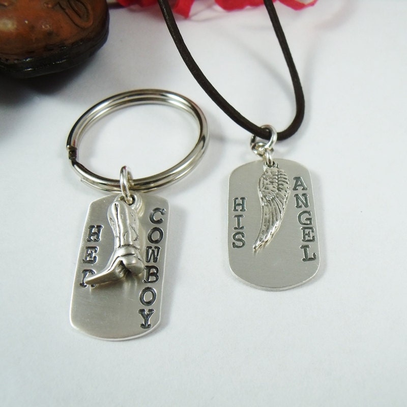 SALE -Cowboys and Angels Necklace and Keychain Set  - The Original Her Cowboy His Angel Stamped Sterling Mini Dog Tag Set