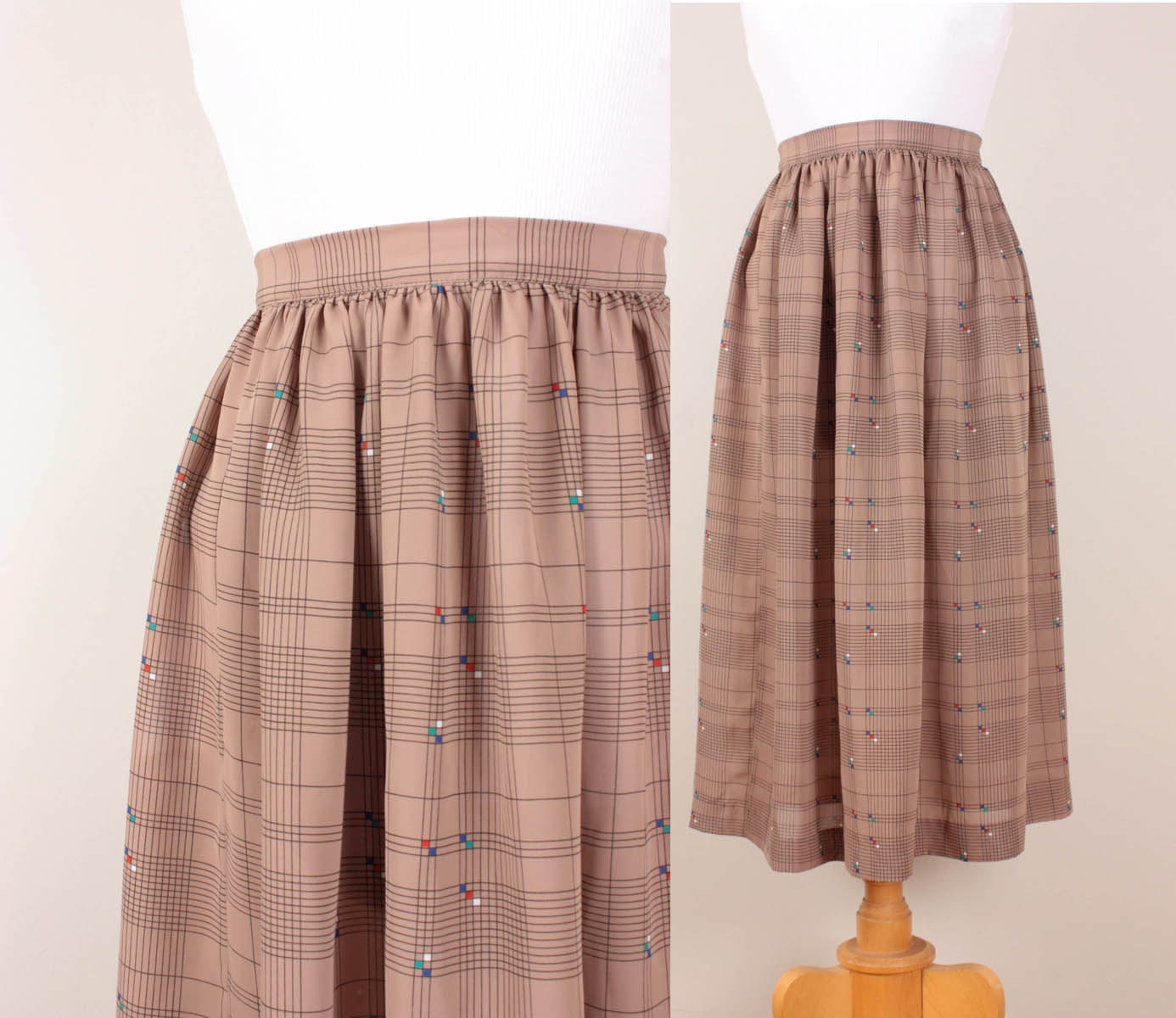 1980s High Waisted Midi Skirt / Graphic Check / Geometric Squares Print Flowy Skirt - Womens S / M - Taupe Black White Red Teal Royal Blue
