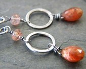 Sunstone Sterling Silver Earrings Teardrop Circle Link Rutilated Copper Quartz Oxidized Artisan Jewelry